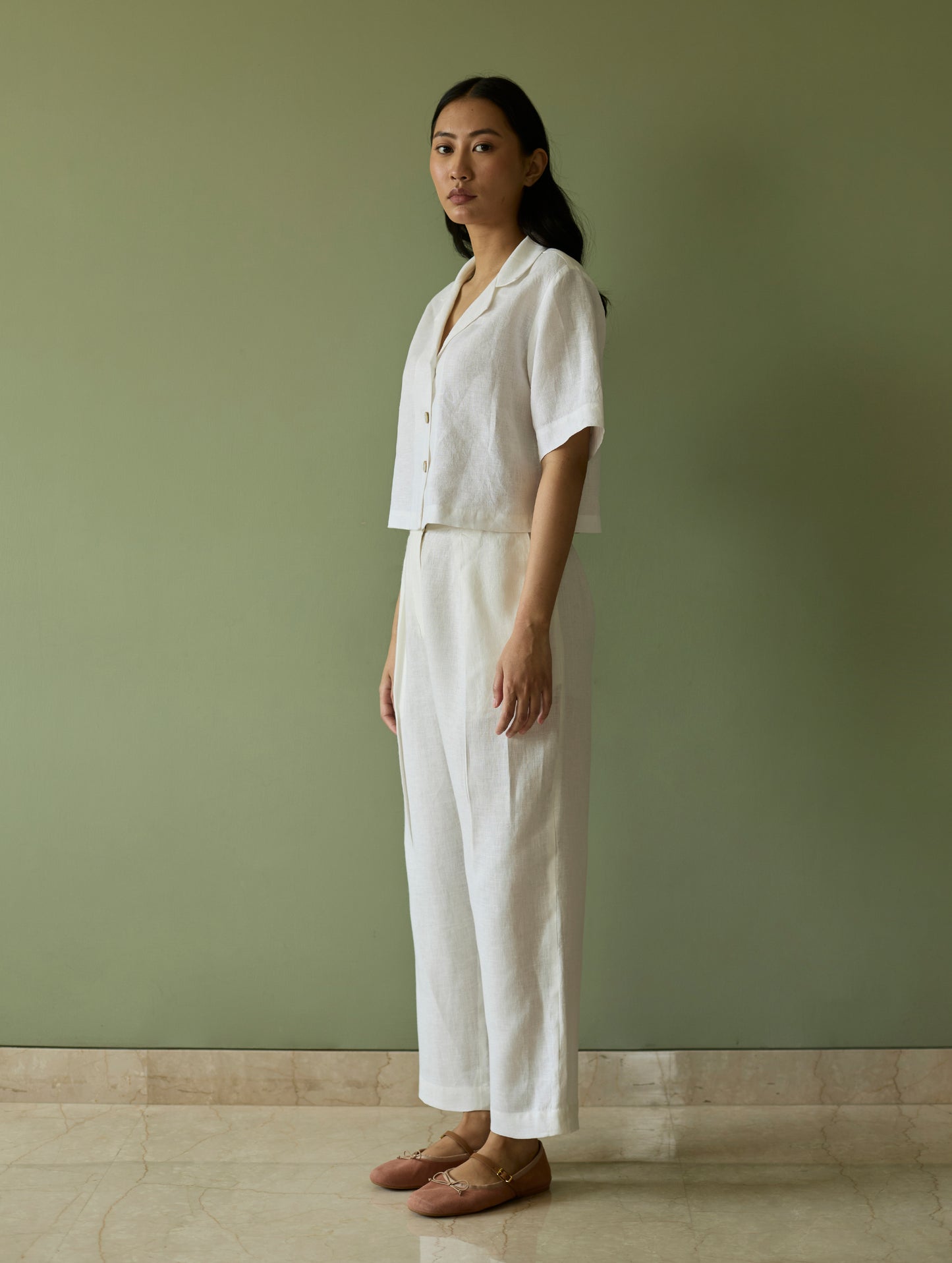 Kiera Cuban Collar Linen Co-ord Set - Ivory