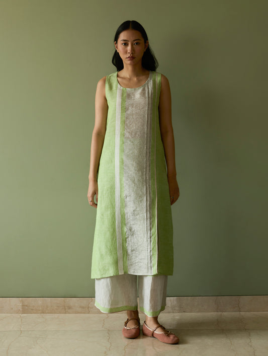 Yara Sleeveless Border Linen Kurta Set - Meadow