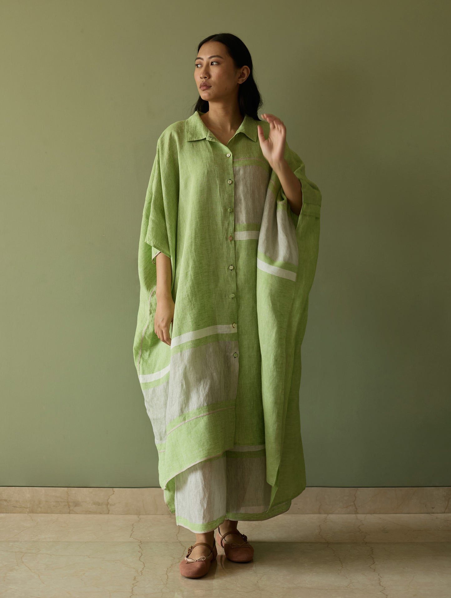 Bora Colour-Blocked Linen Kaftan - Meadow