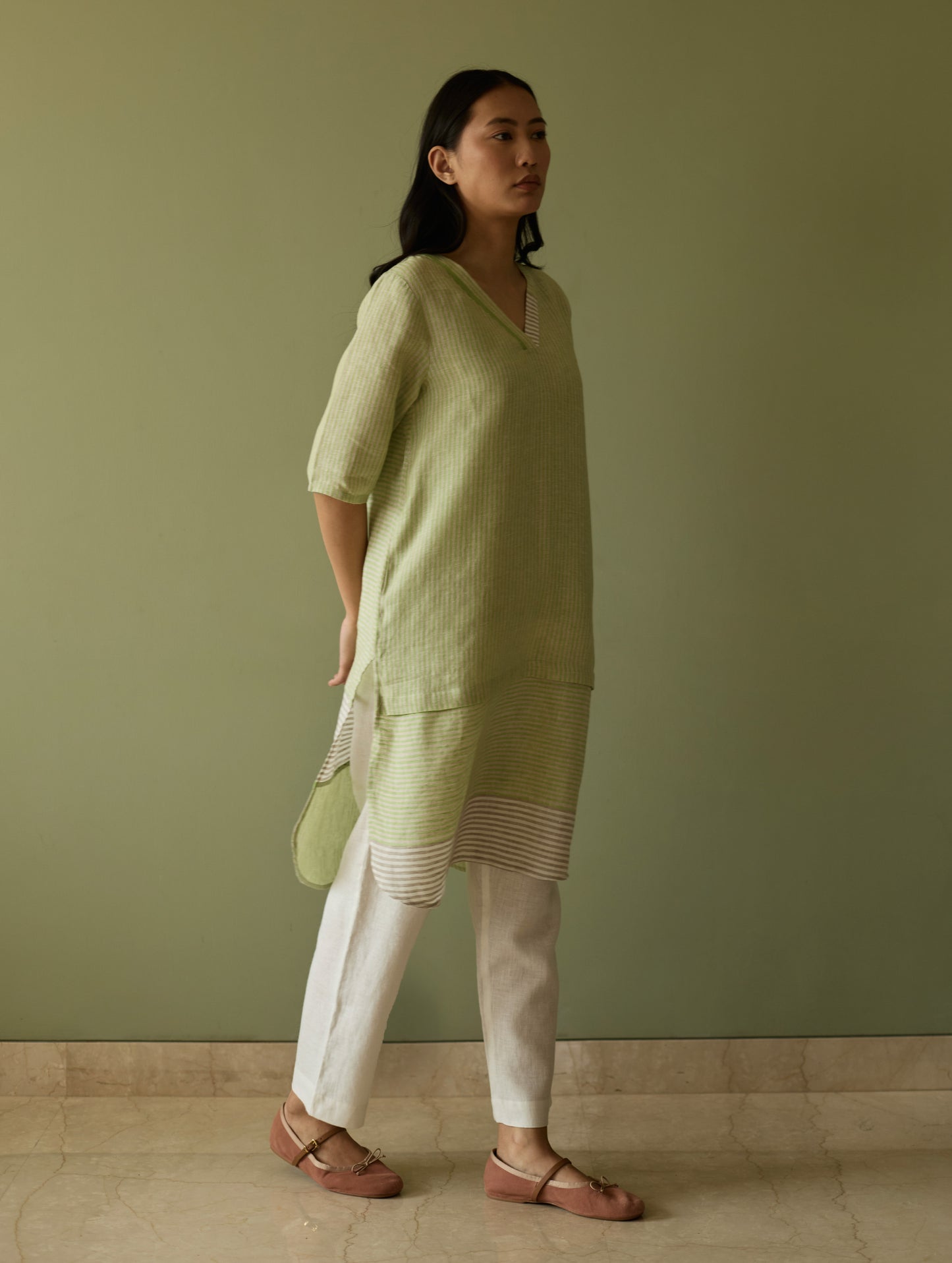 Jira Pleated Stripe Linen Co-ord Set - Meadow