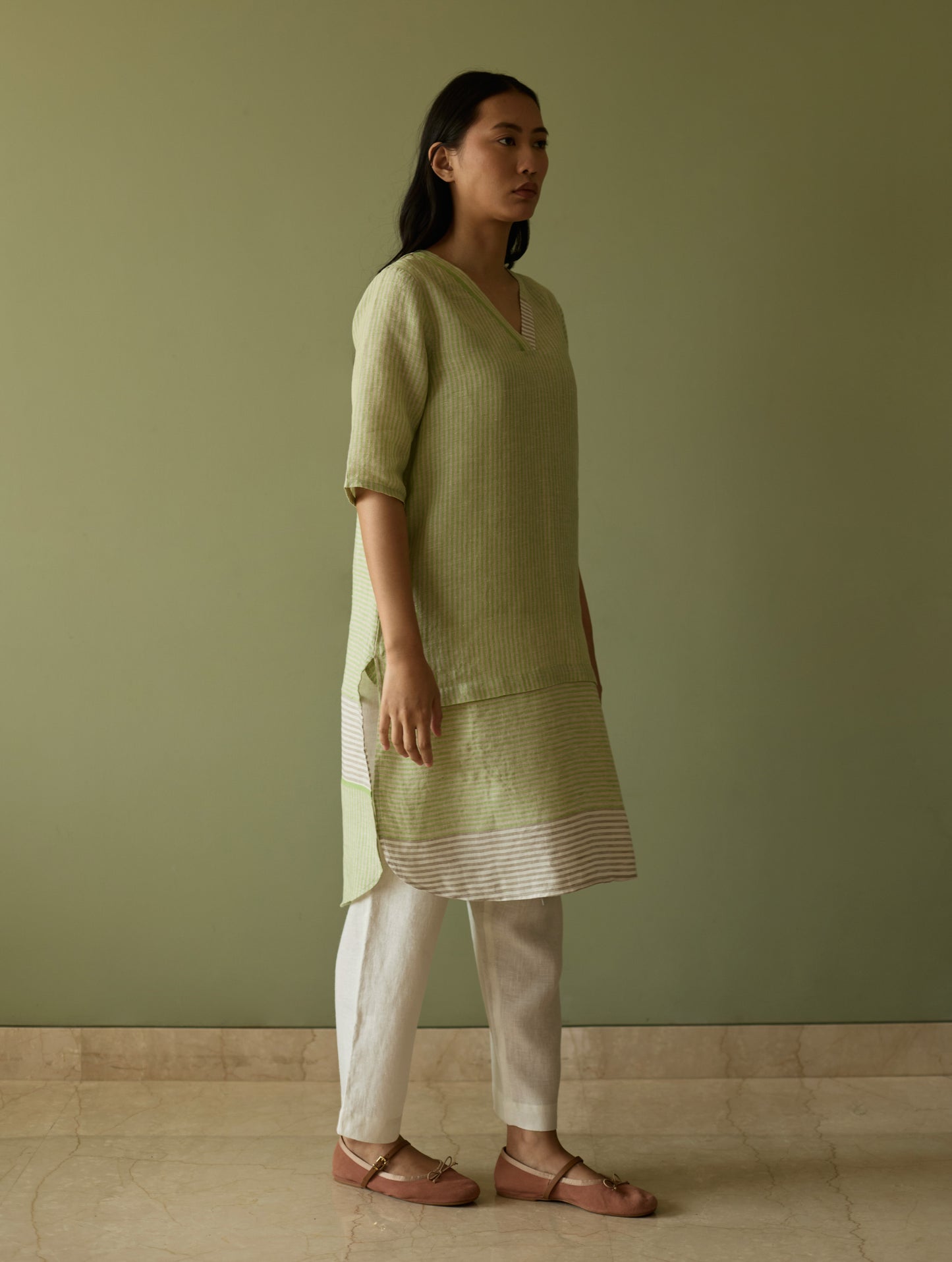Jira Pleated Stripe Linen Co-ord Set - Meadow
