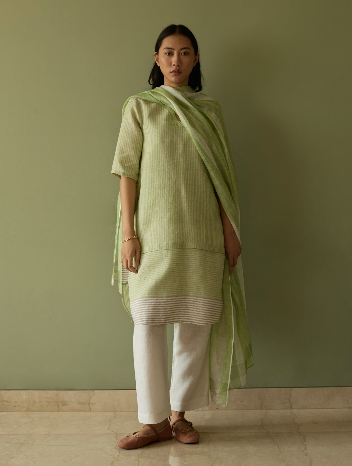 Jira Pleated Stripe Linen Co-ord Set - Meadow