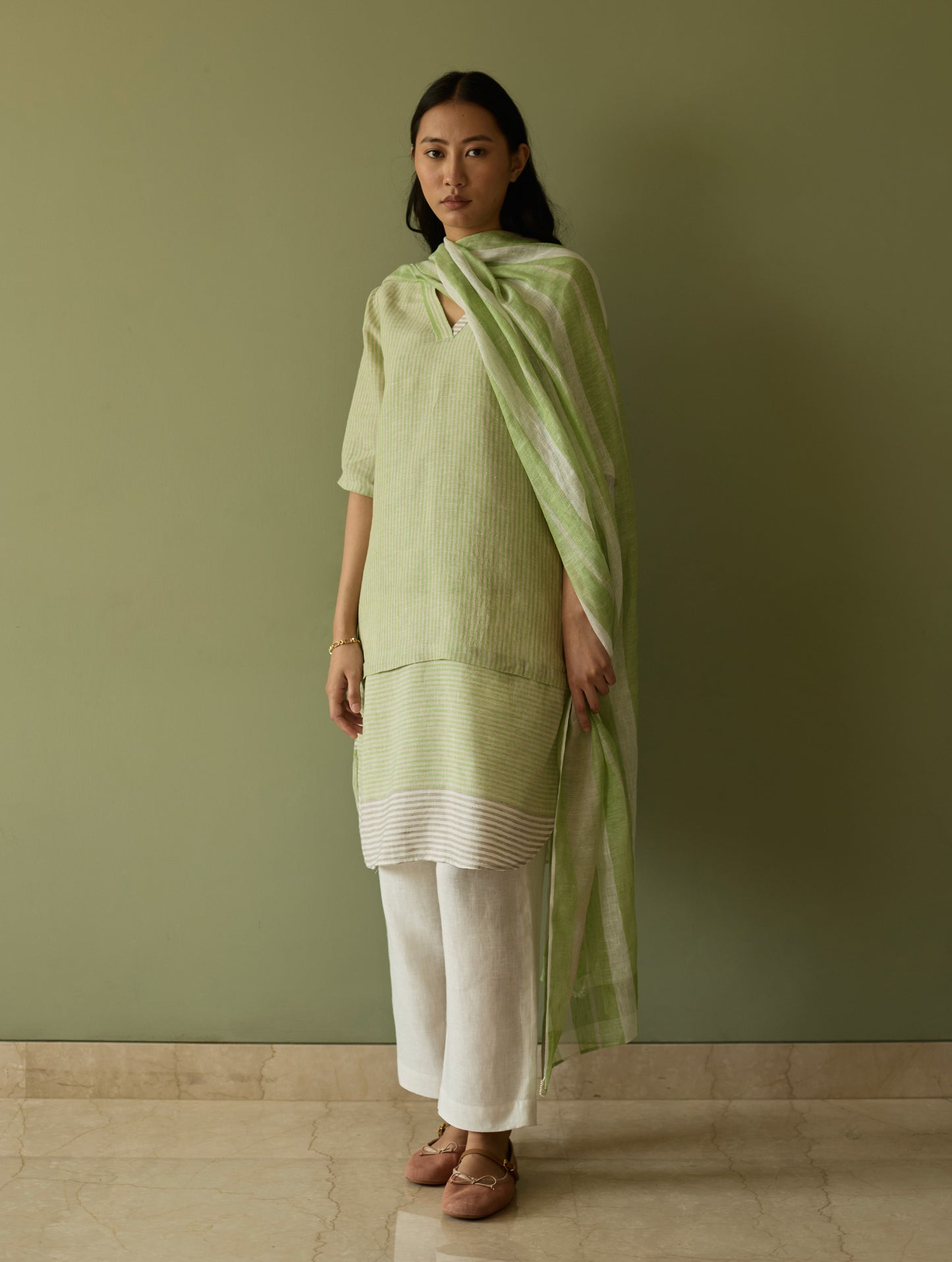 Jira Pleated Stripe Linen Co-ord Set - Meadow