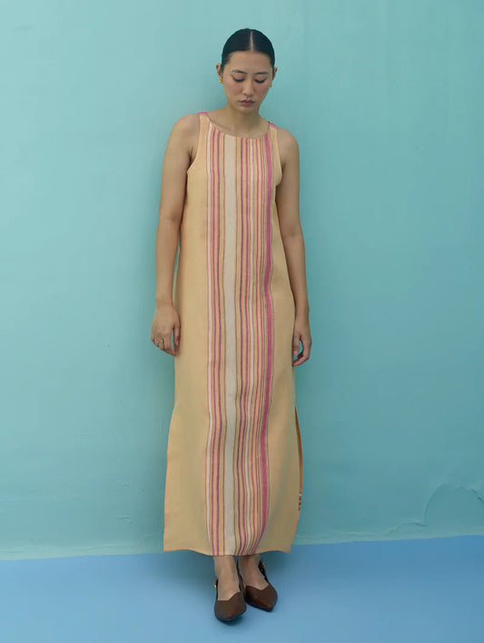 Beli Sleeveless Border Linen Dress with Overlay - Apricot