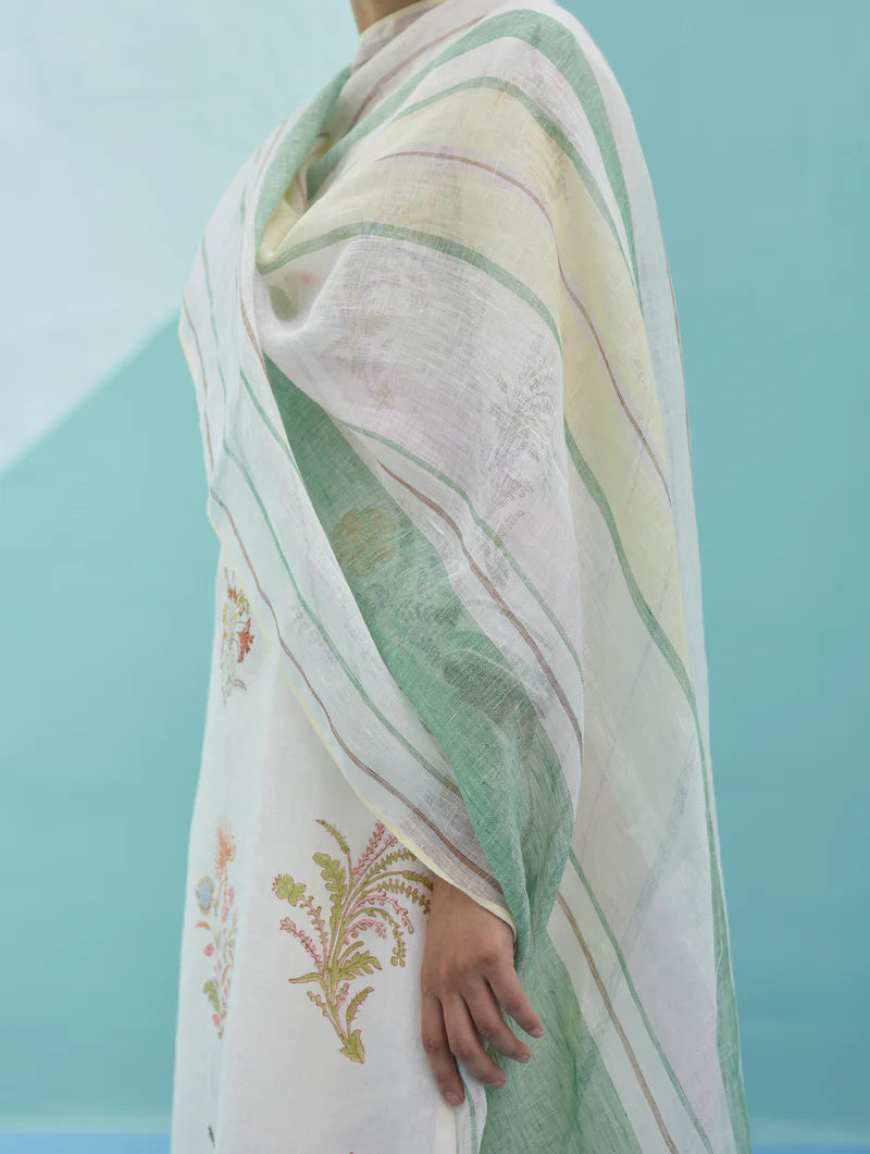 Rava Border Linen Stripe Dupatta - Ivory