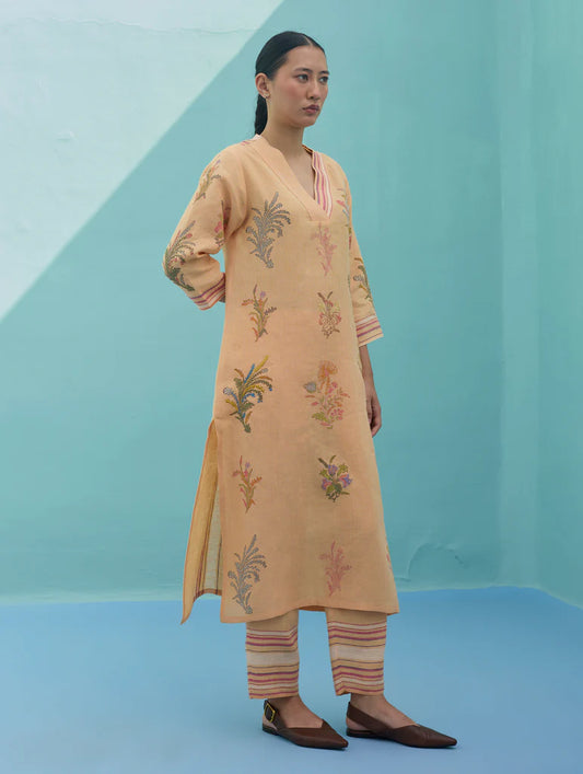 Zura Floral Block Printed Embroidered Kurta Set - Apricot