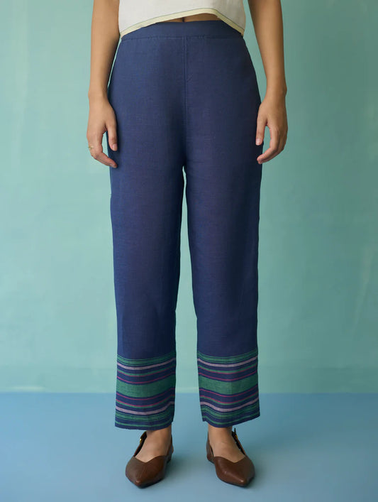 Ines Border Linen Tapered Pants - Indigo