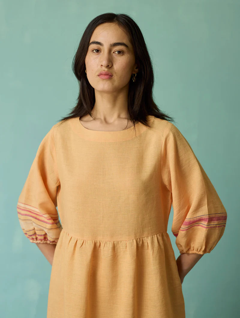 Ora Block-Printed Floral Linen Dress - Apricot