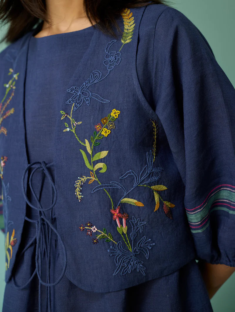 Eon Hand-Embroidered Floral Vest - Indigo