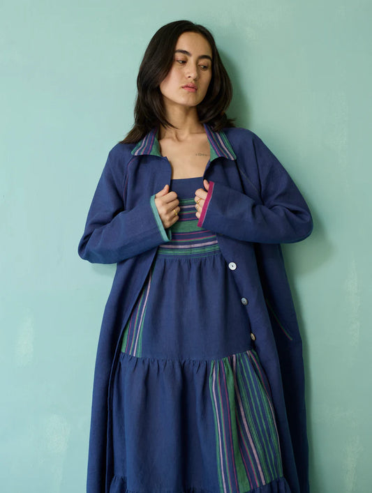 Pera Border Linen Co-ord Set - Indigo