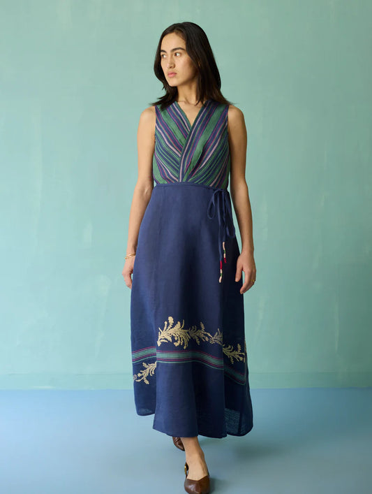 Sira Border Linen Floral Wrap Dress - Indigo
