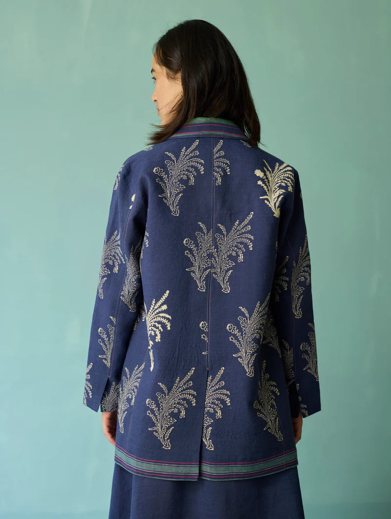 Arya Block Printed Floral Blazer - Indigo
