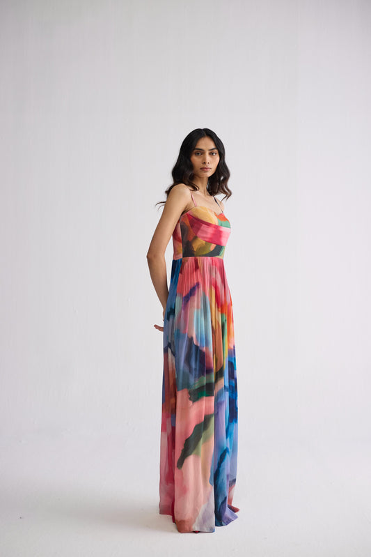 RAINBOW GARDEN CREPE COWL BRALETTE DRESS
