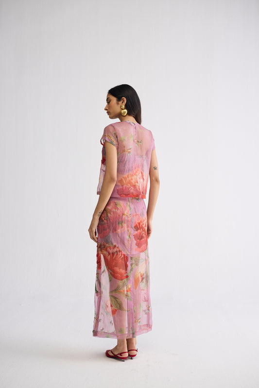 BERRY EMBROIDERED ORGANZA TOP & SKIRT SET