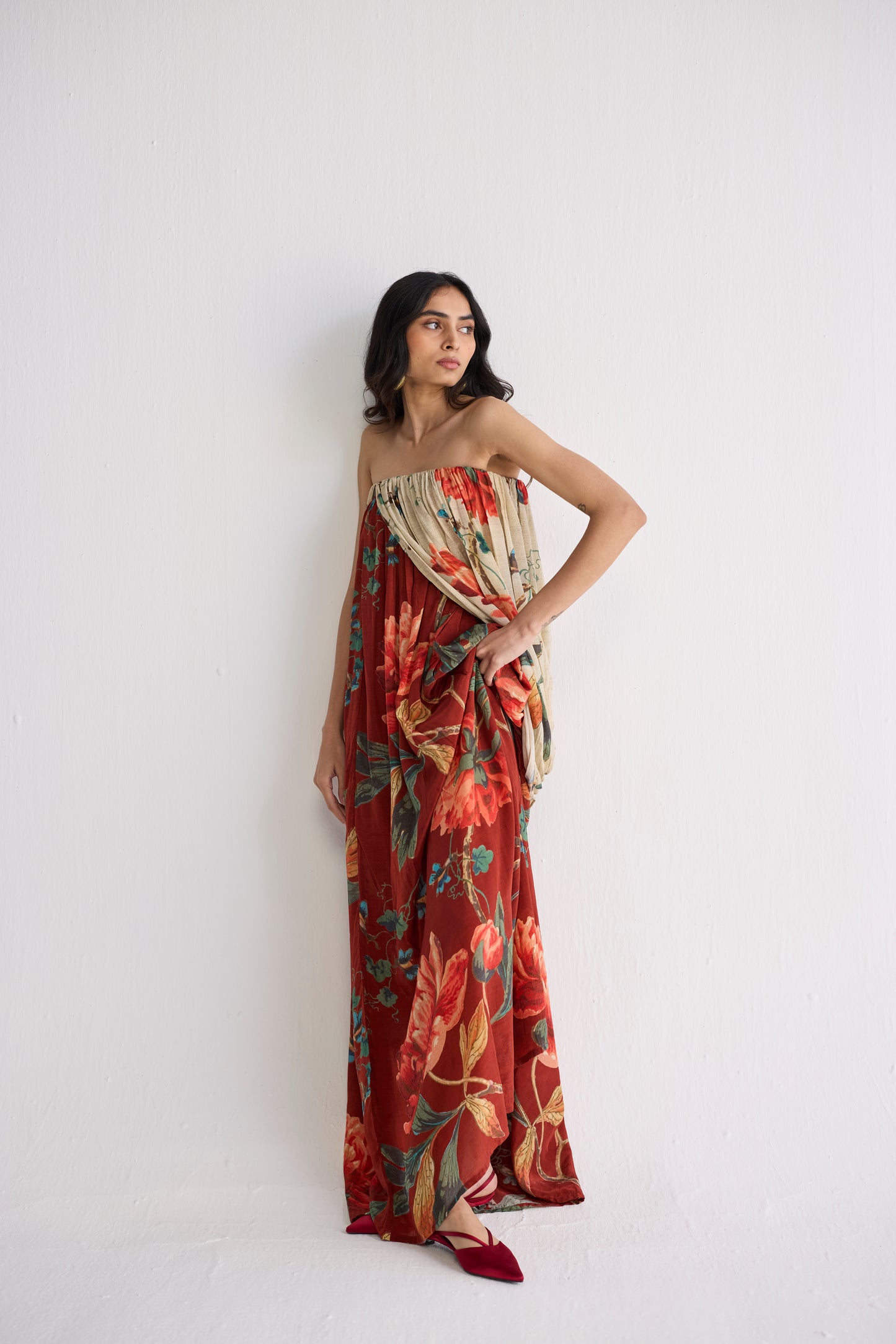 VINE CREPE DRAPED DRESS