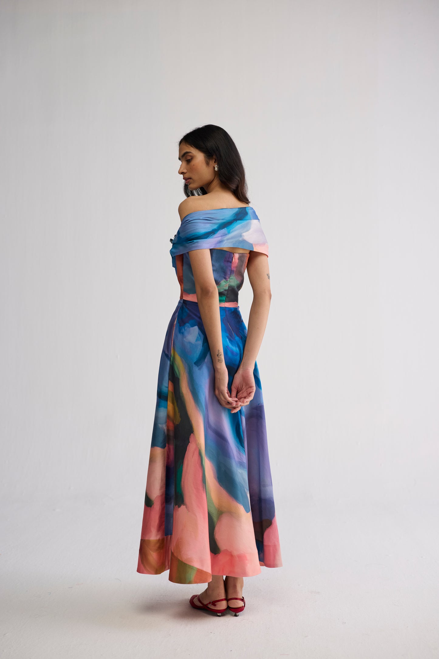 RAINBOW GARDEN DRAPED OFF SHOULDER DRESS