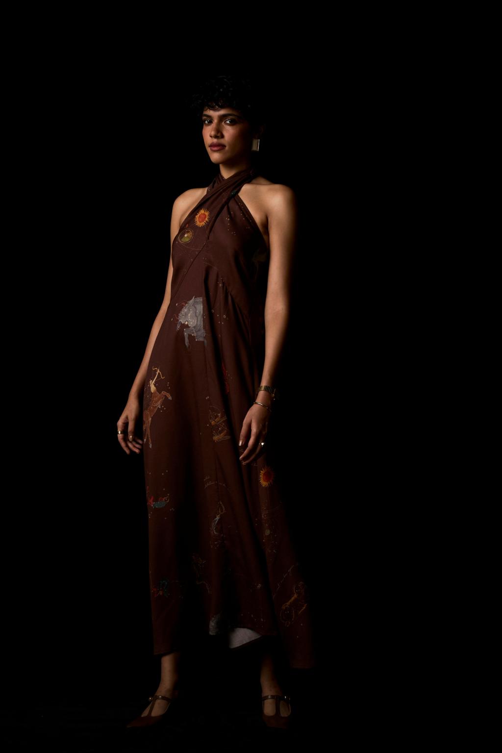 Vannam Brown Zodiac Print Halter Dress