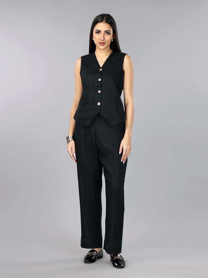 Pitch Black Linen Waist Coat Set