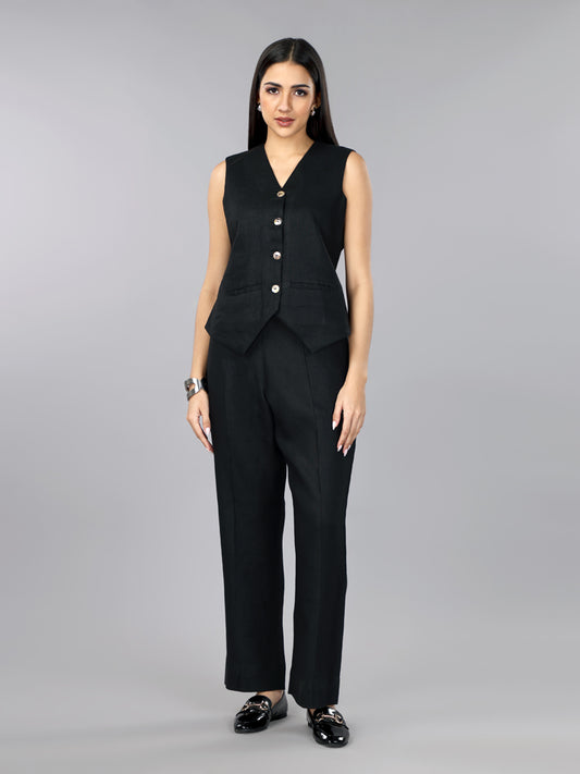 Pitch Black Linen Waist Coat Set
