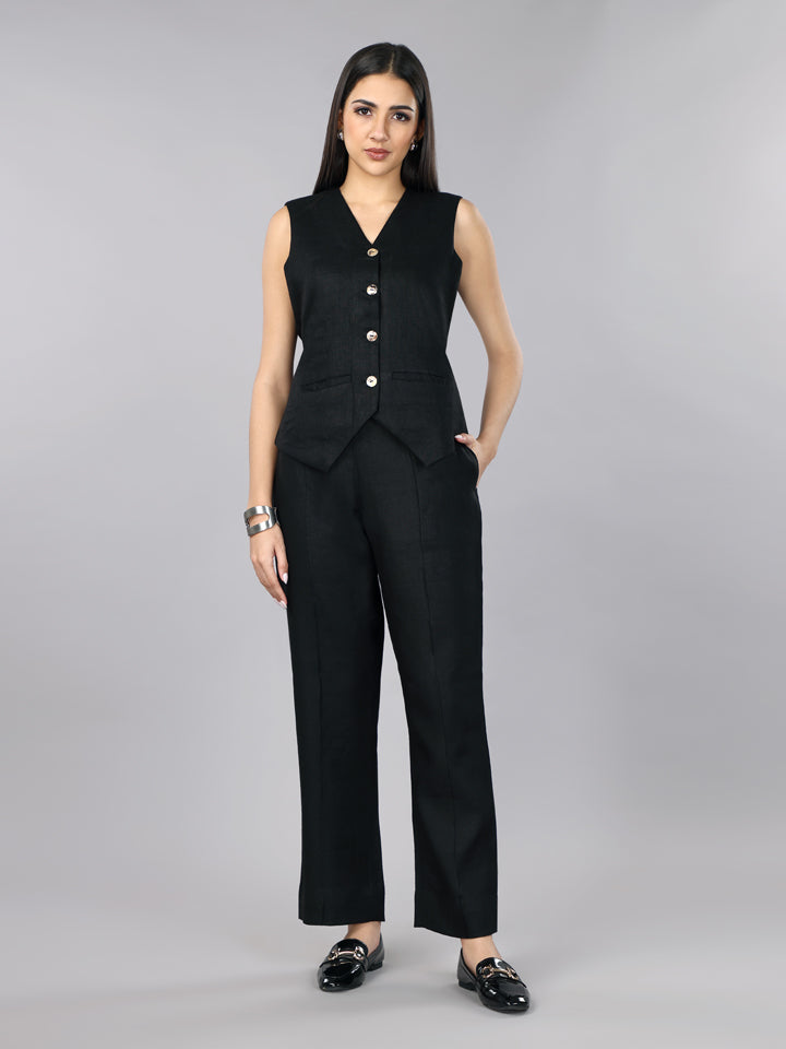 Pitch Black Linen Waist Coat Set