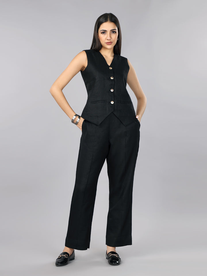 Pitch Black Linen Waist Coat Set