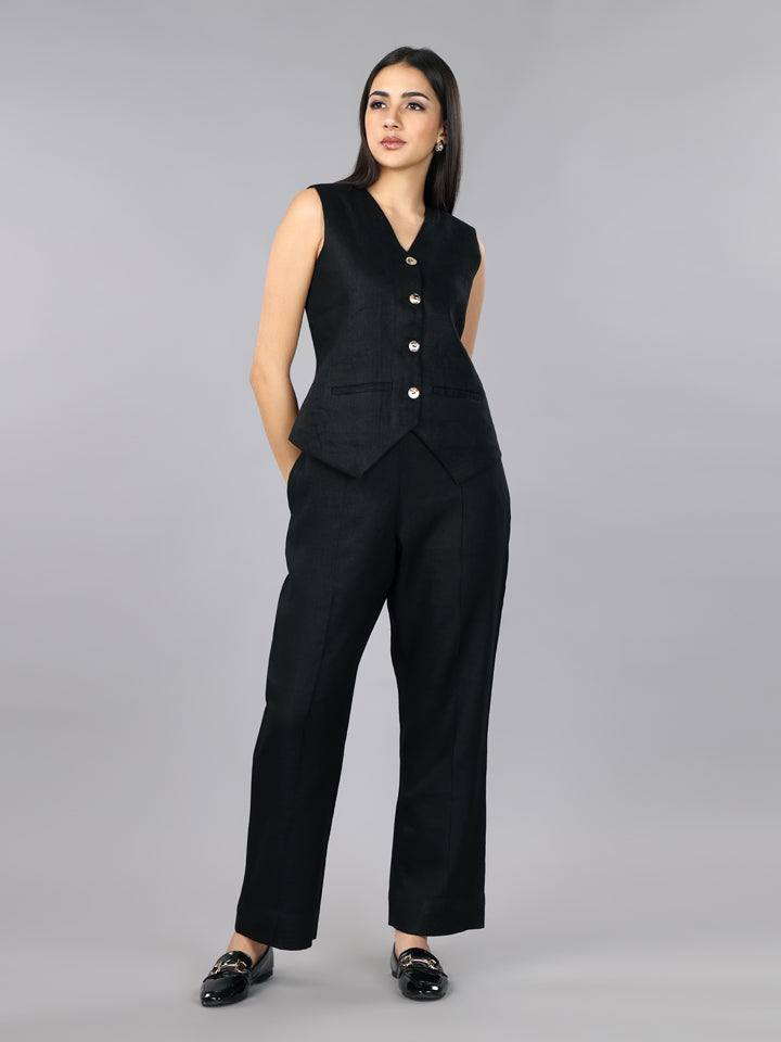 Pitch Black Linen Waist Coat Set