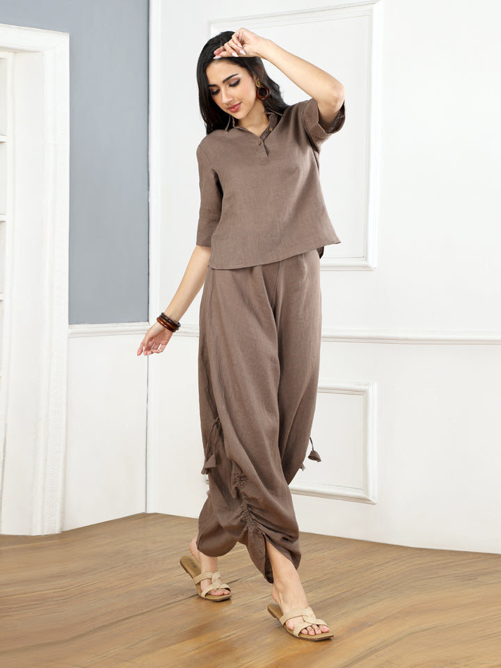 Mocha Mousse Linen Top & Cowl Pants