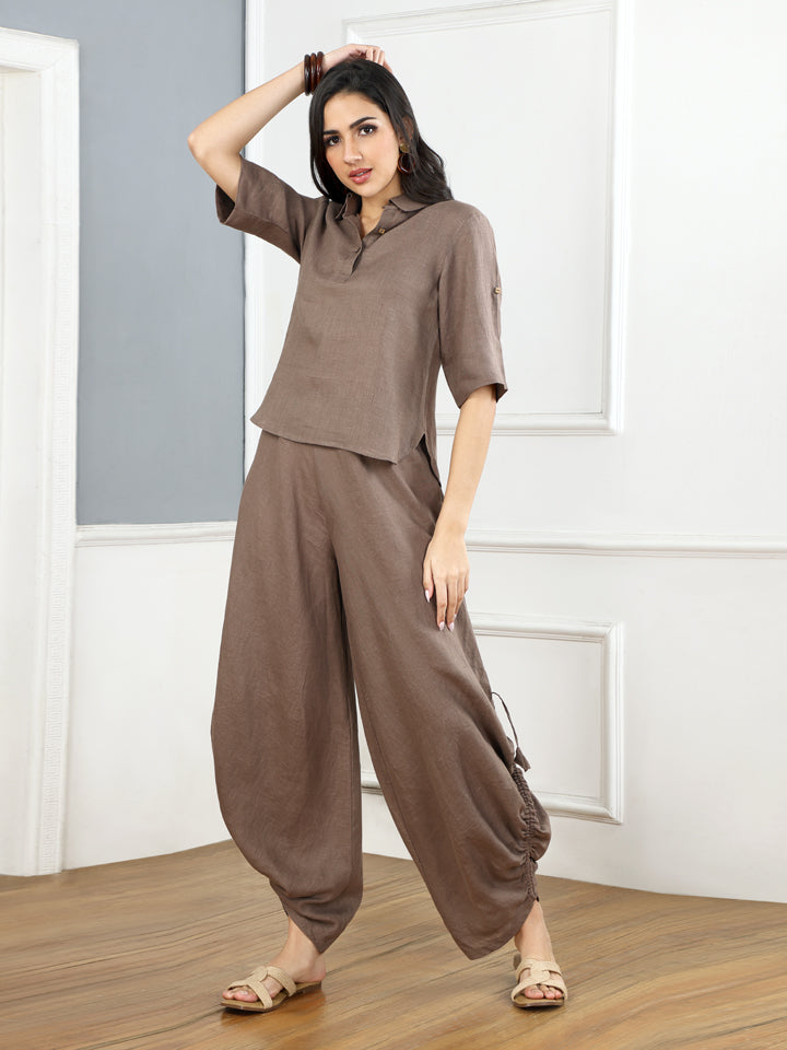 Mocha Mousse Linen Top & Cowl Pants