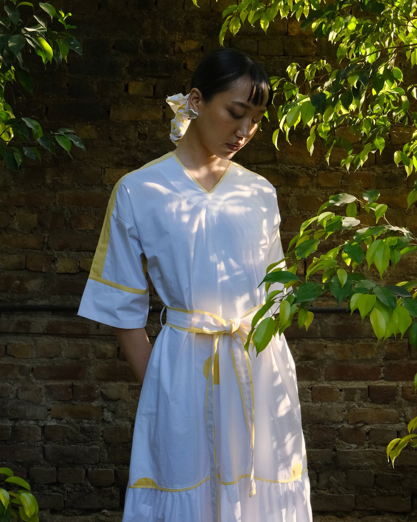 White Yellow Hand block Polka Cotton Belt Dress