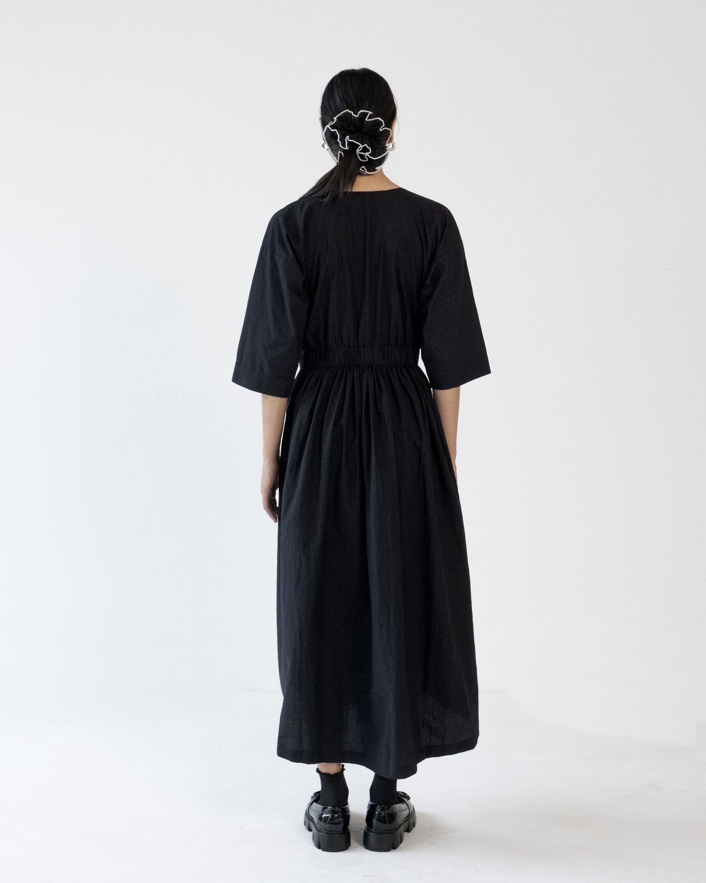 Black Elastic Wasit Side Slit Cotton Dress