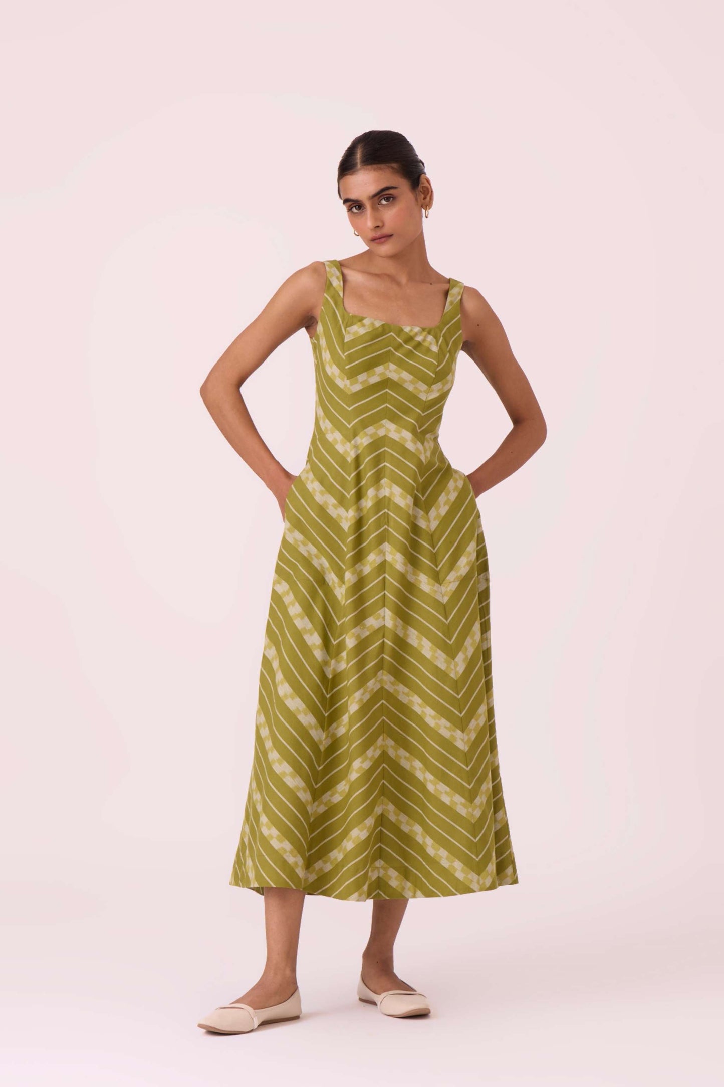 Zosima Green Striped Ikat Dress