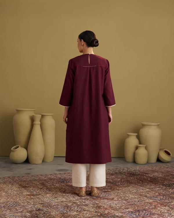Burgundy Handwoven Cotton & Ikat Kurta with Handwork