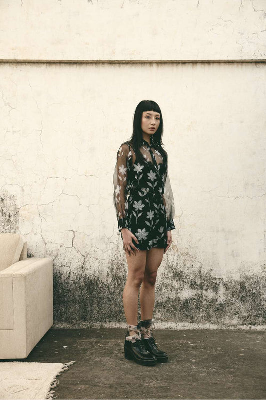 AN Foral Organza Shirt Set - Black