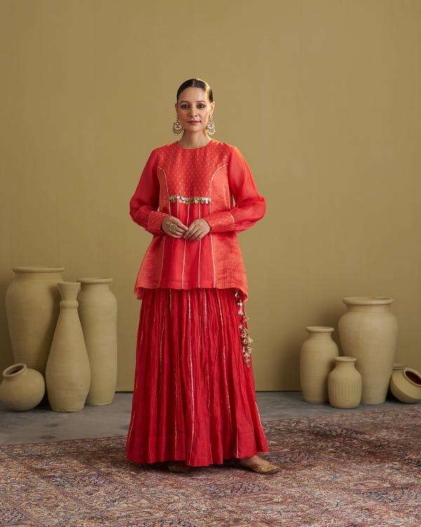 Red Silk Chanderi & Banarasi Top with Handwork