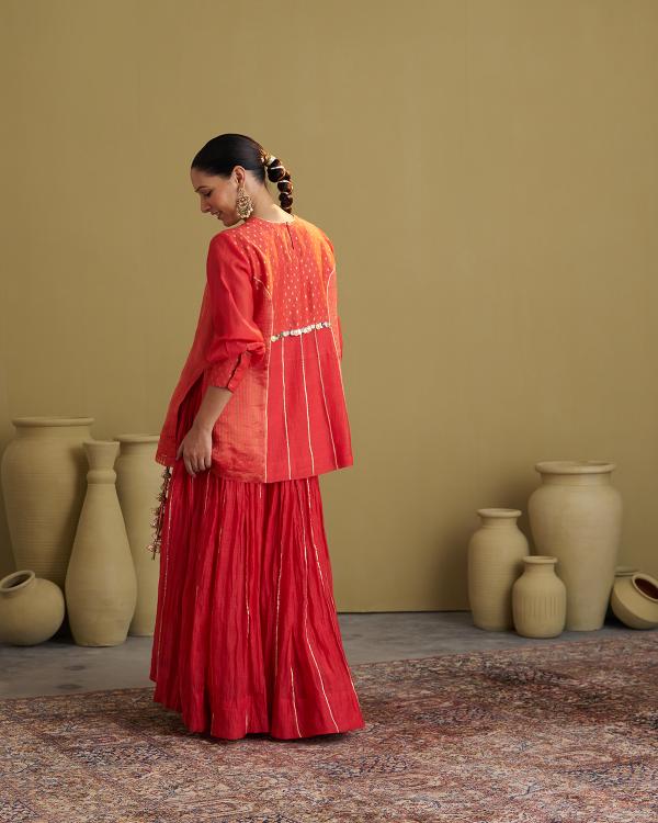 Red Mul Chanderi Crushed Lehenga with Gota & Handmade Tassels