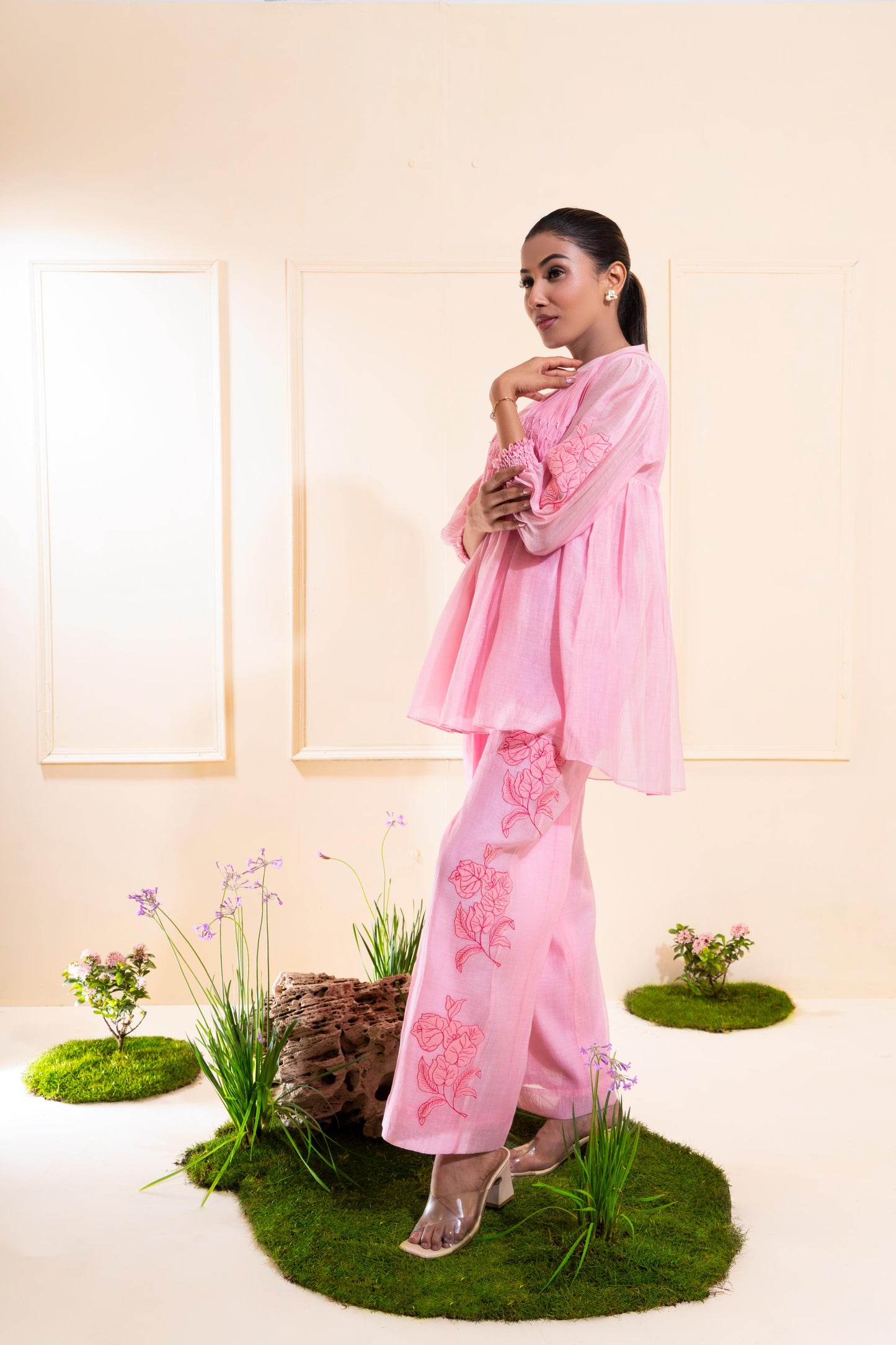 Pink Smocking Chanderi Co-ord Set