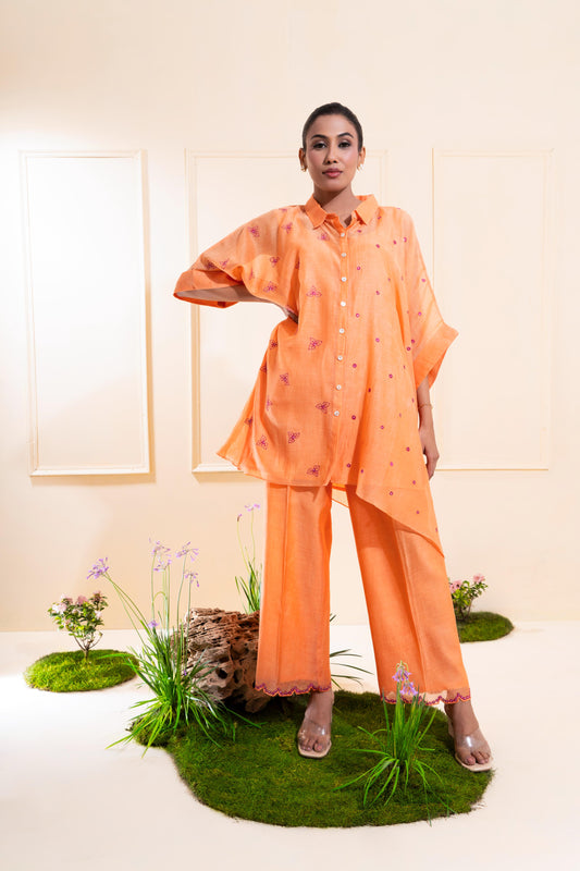 Peach Asymetrical Chanderi Co-ord Set