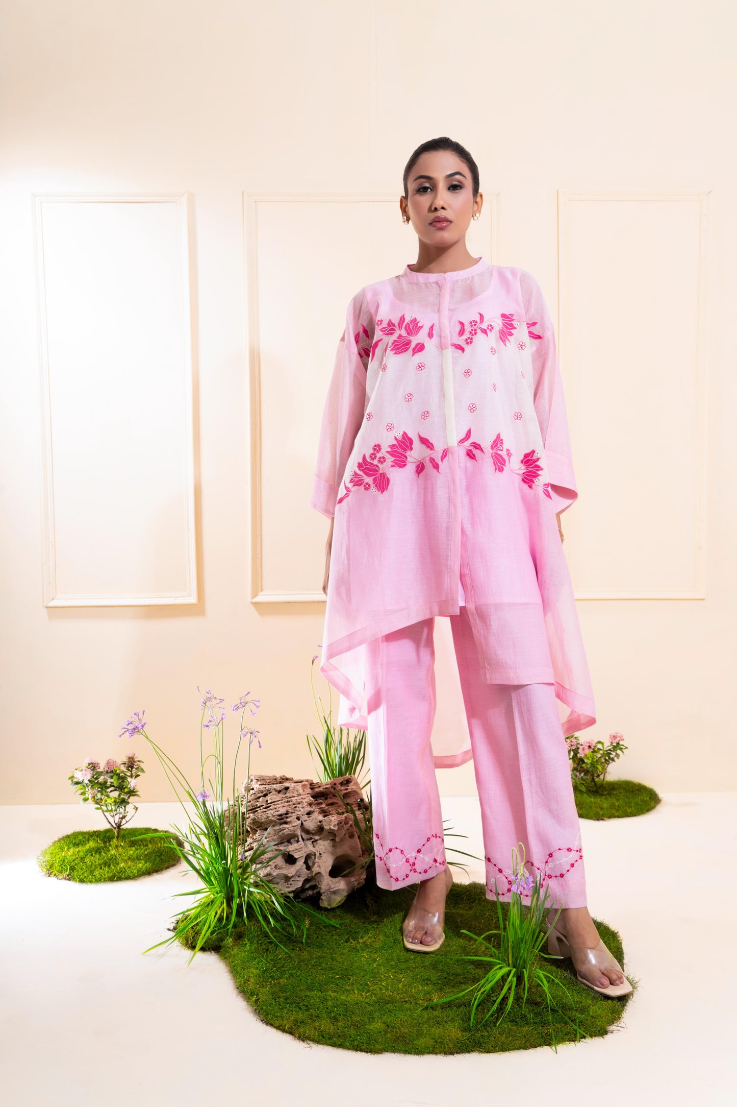 Pink Applique Work Chanderi Co-ord Set