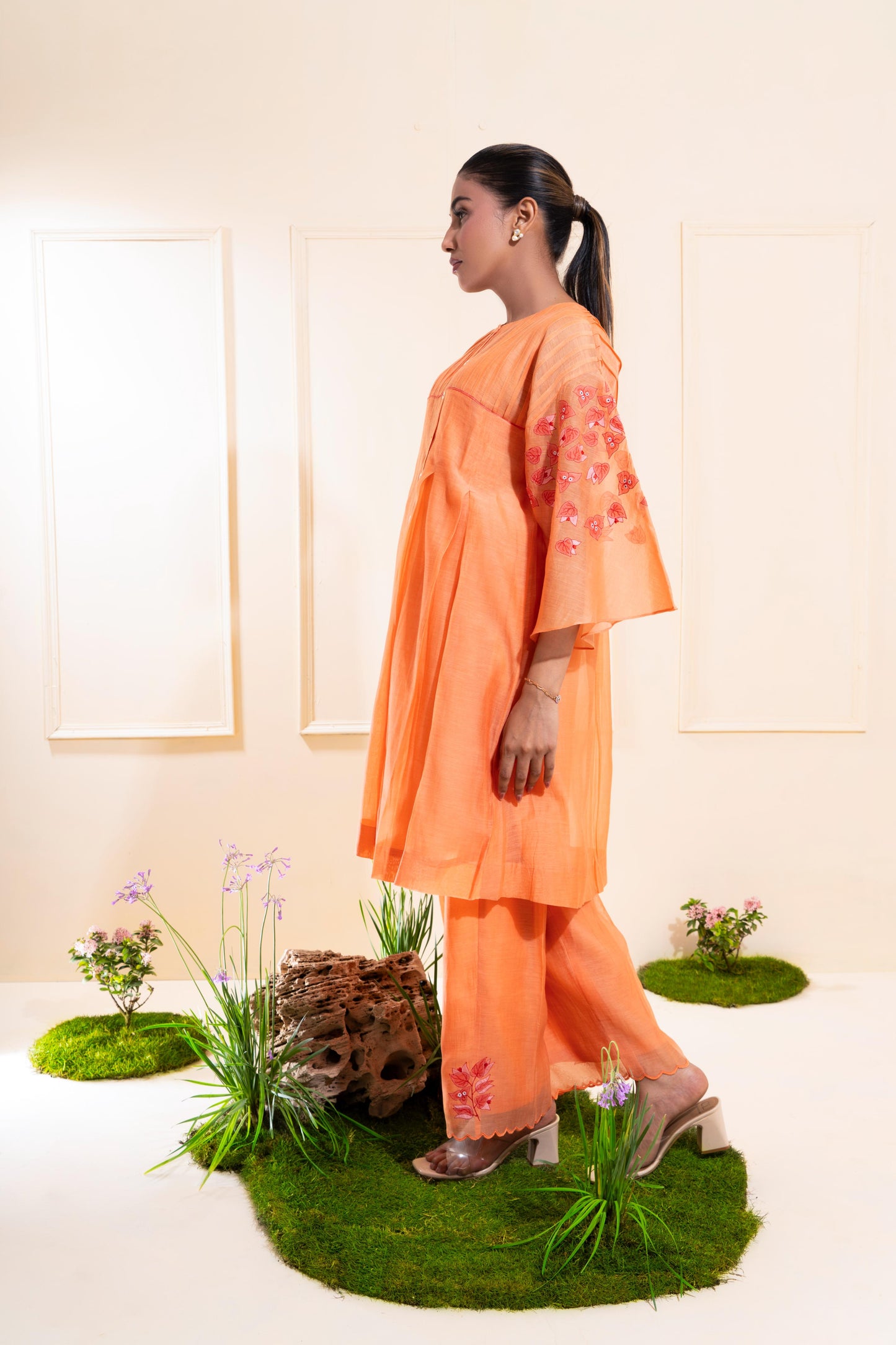 Peach Pleated Chanderi Co-ord Set