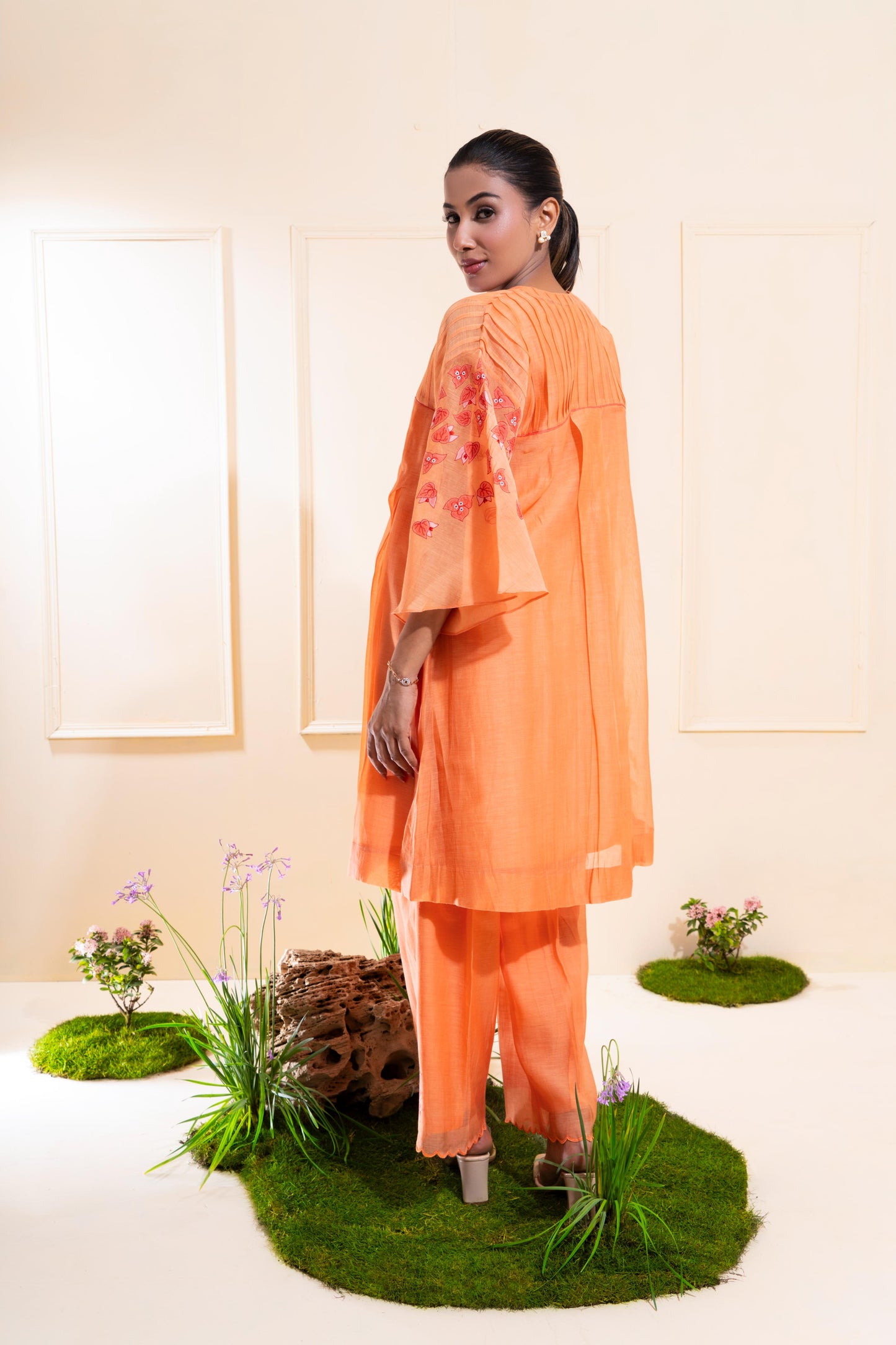 Peach Pleated Chanderi Co-ord Set
