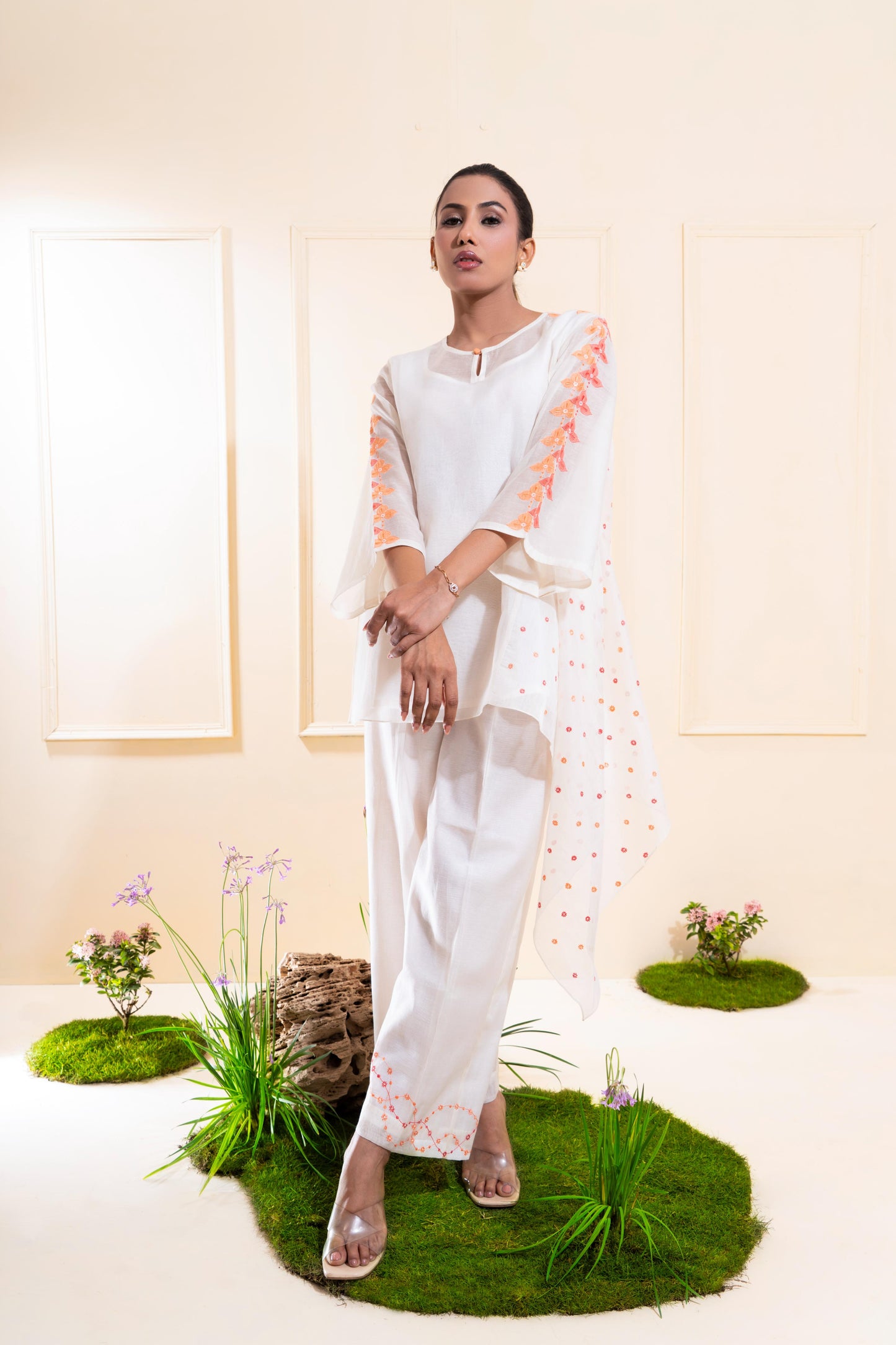 Off-White Cascading Chanderi Co-ord Set