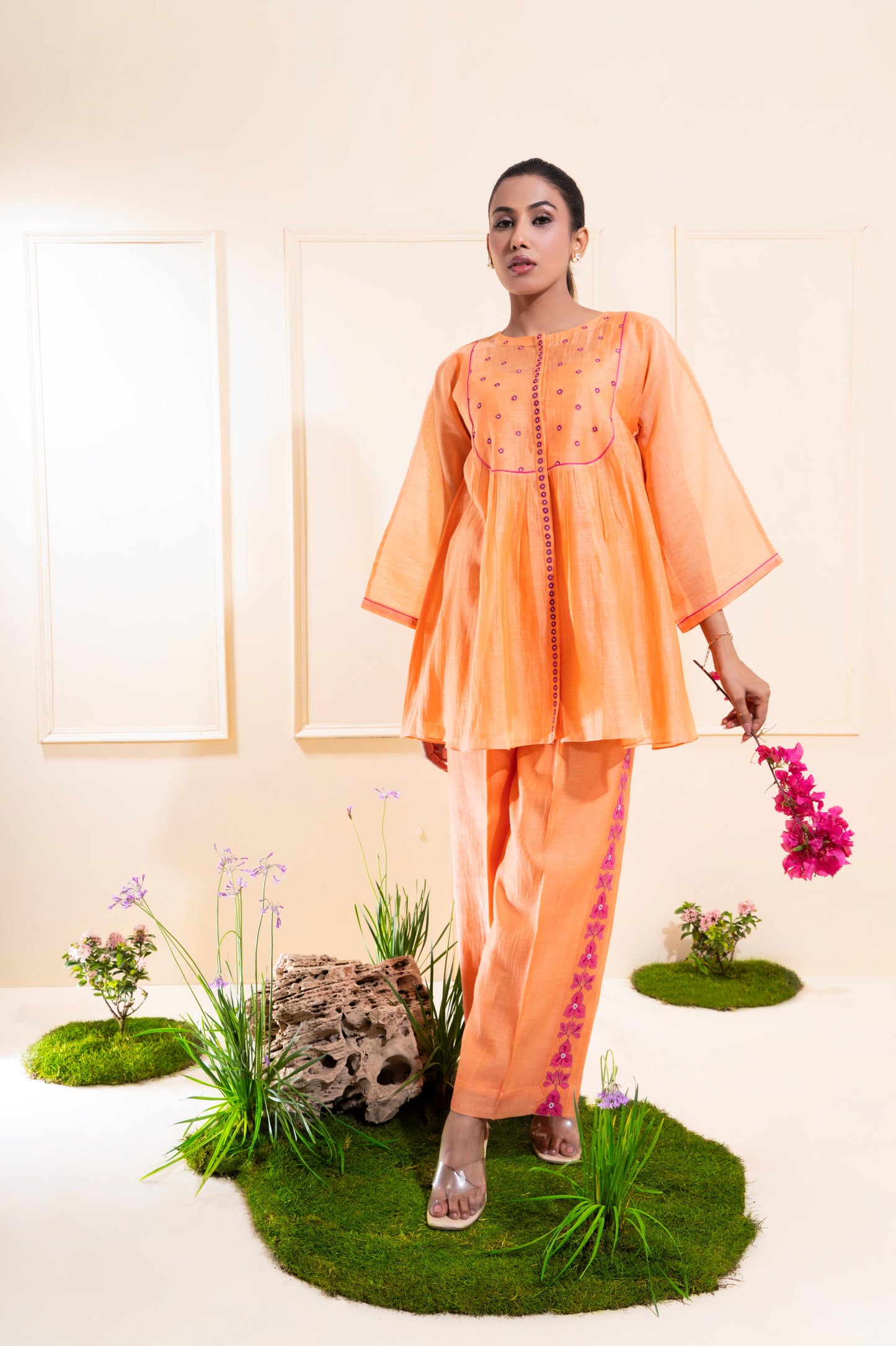 Peach Front Gathers Chanderi Co-ord Set