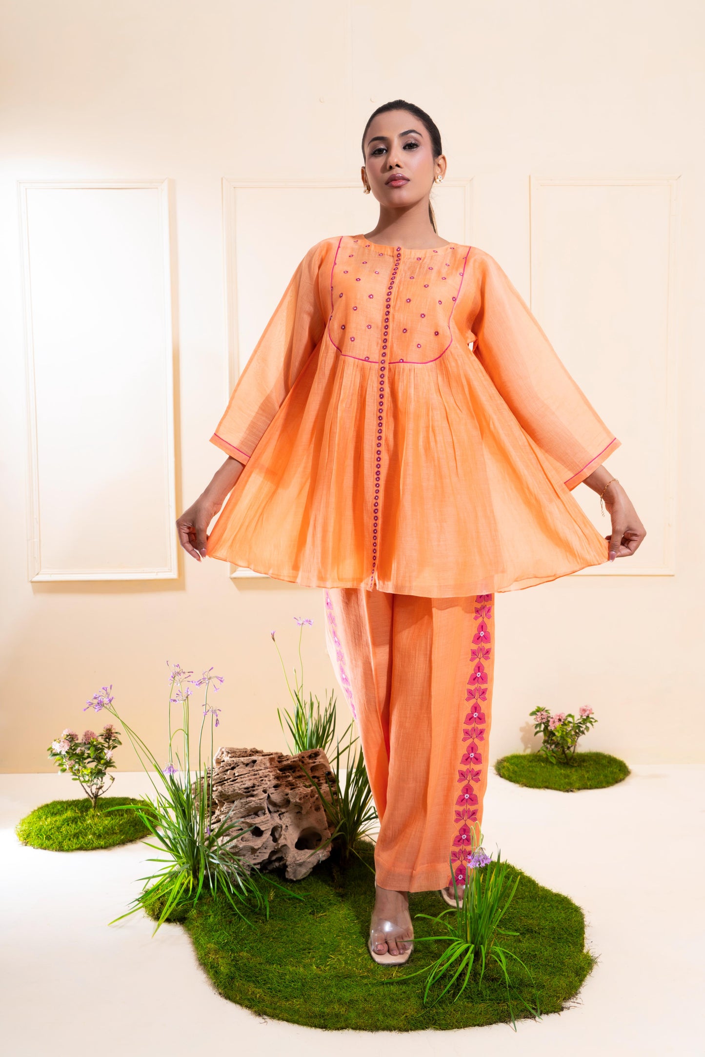 Peach Front Gathers Chanderi Co-ord Set