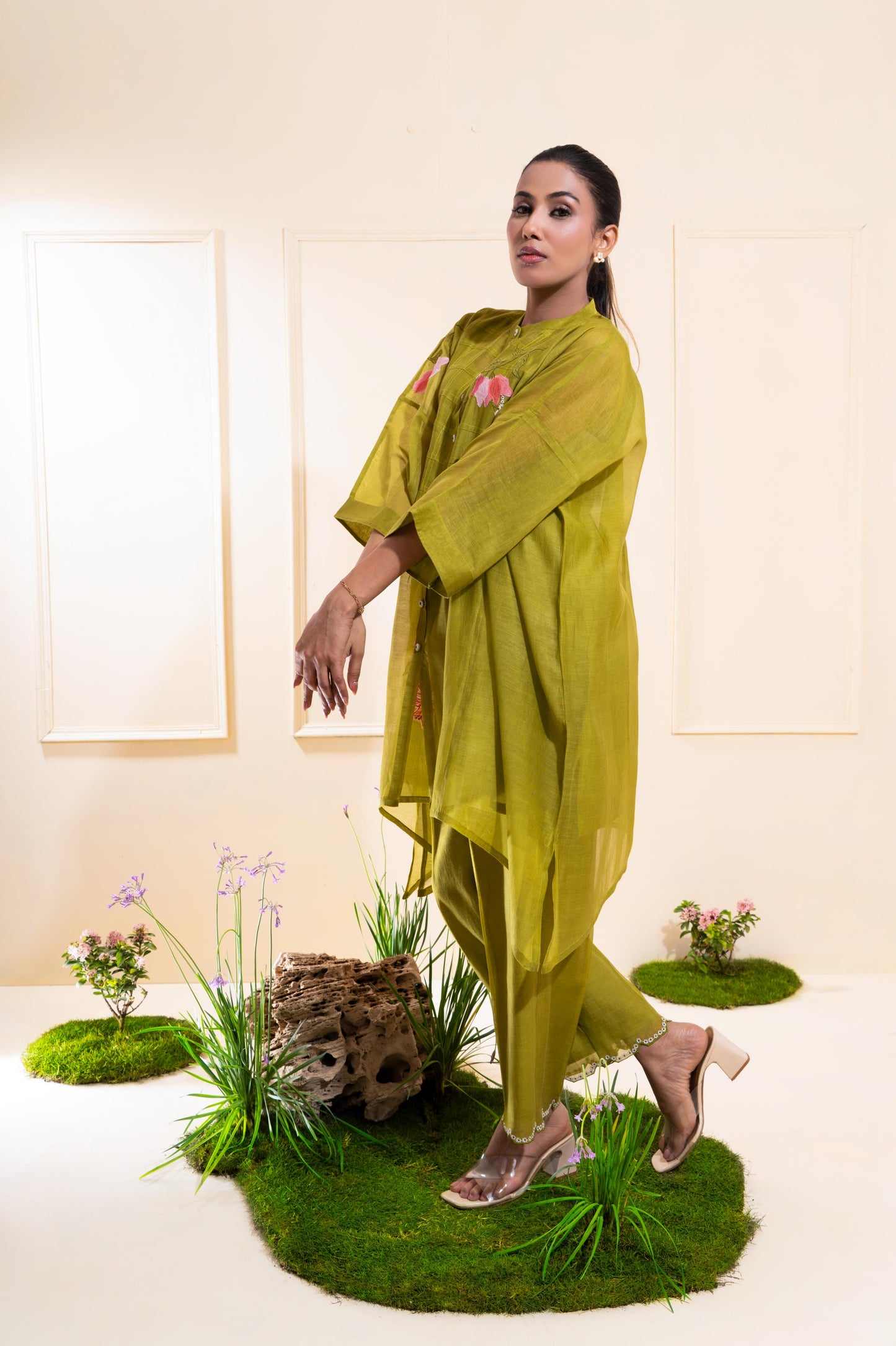 Moss Green Pleated Panel Chanderi Co-ord Set
