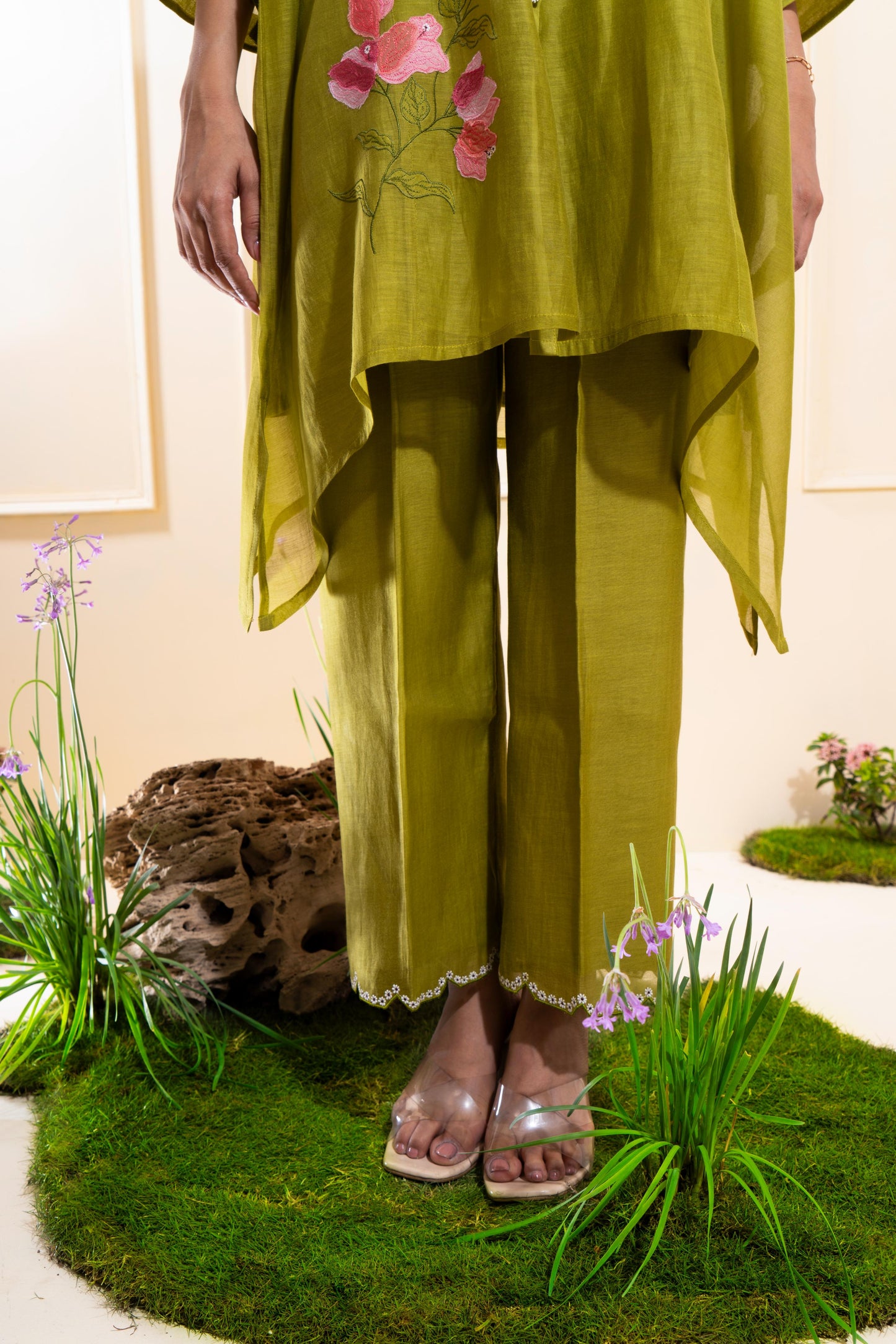 Moss Green Pleated Panel Chanderi Co-ord Set