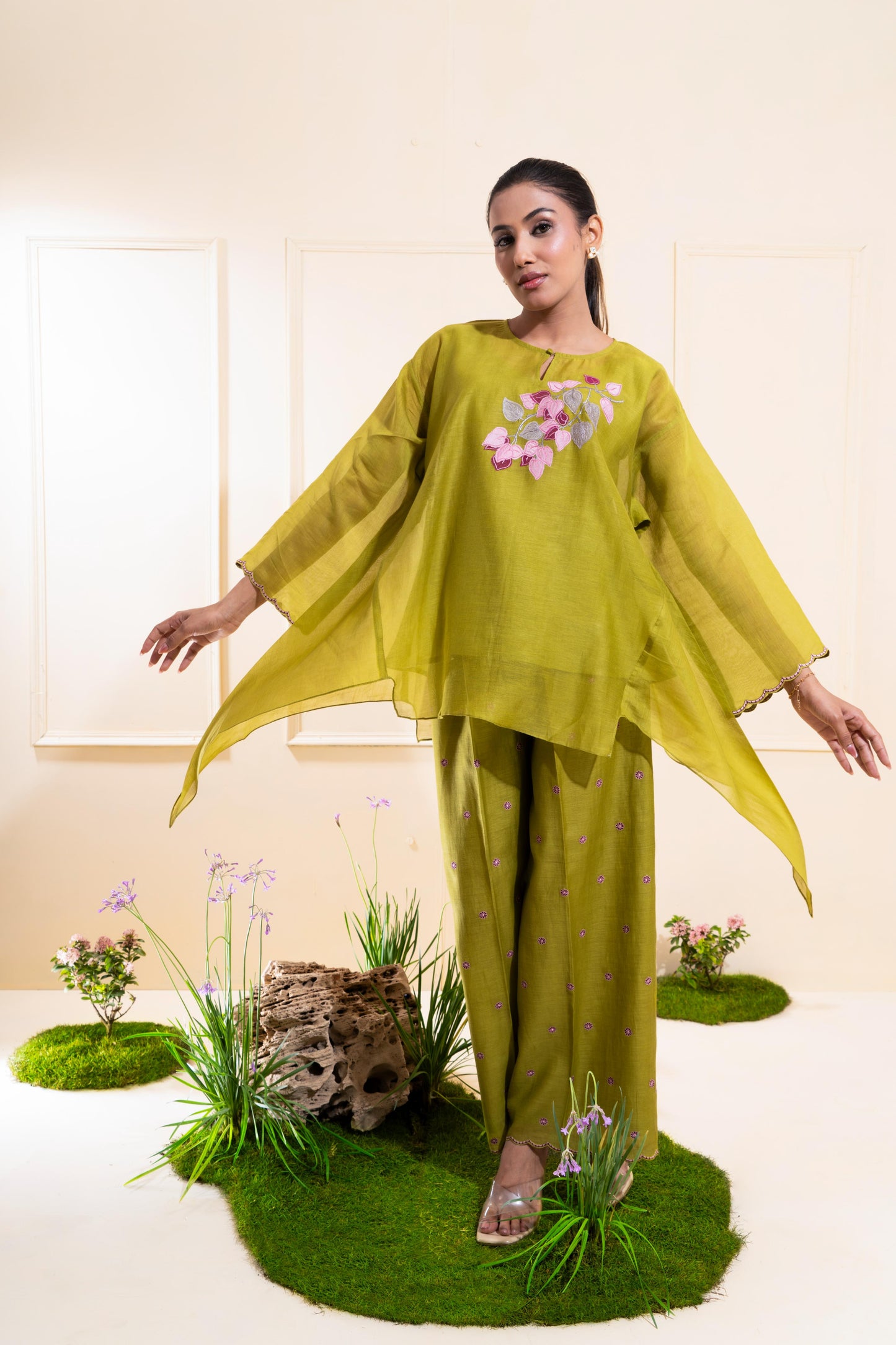 Moss Green Asymmetrical Chanderi Co-ord Set
