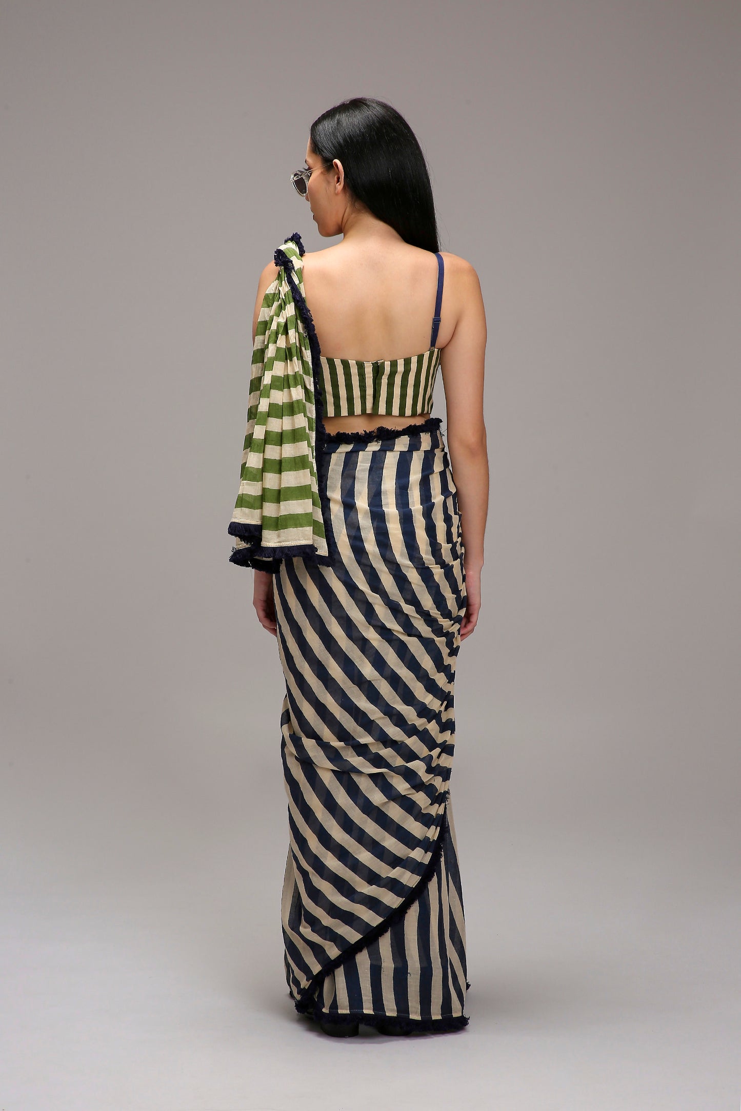Egg-Shell Blue Green Dual Striped Saree