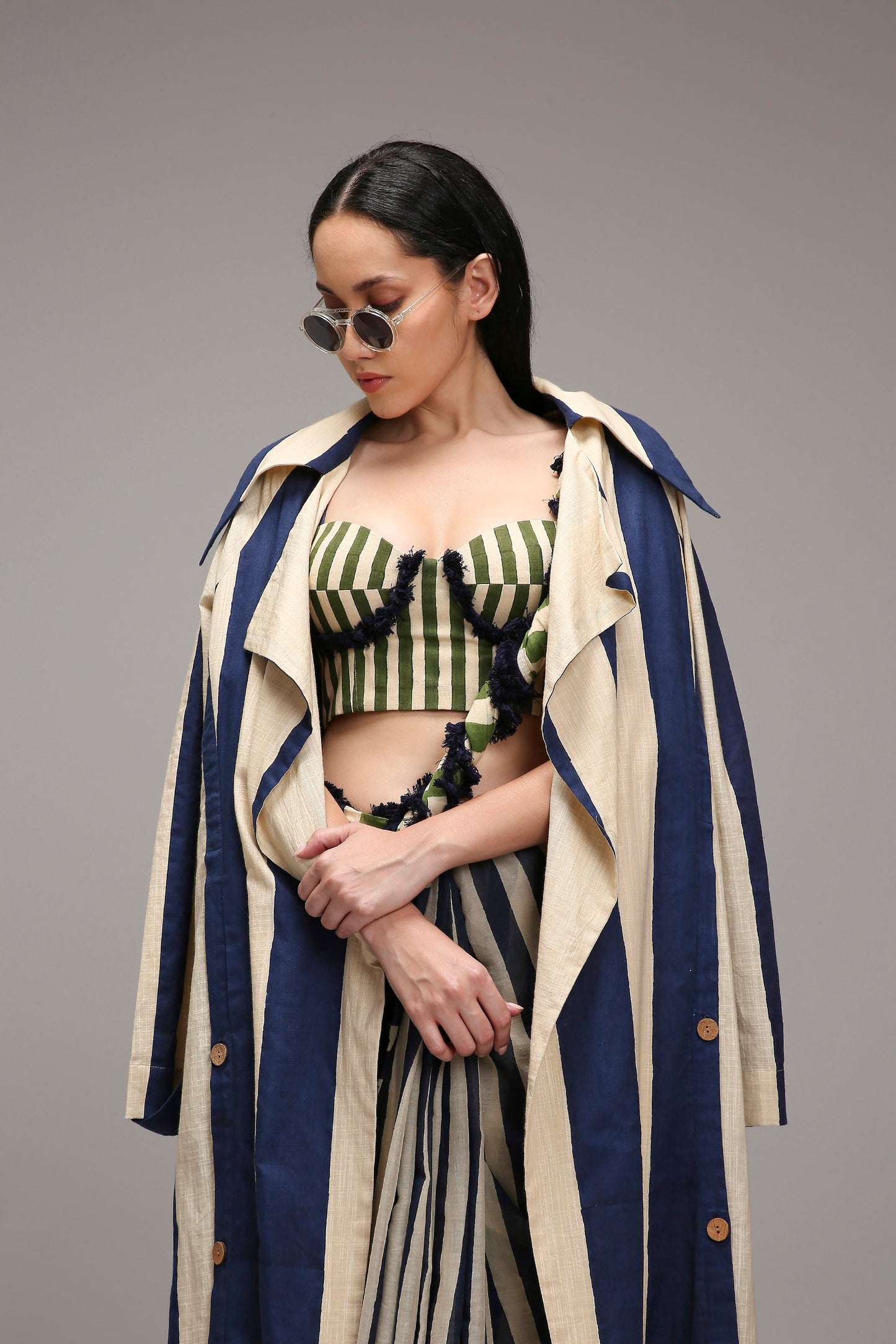 Egg-Shell Corset with Trench & Dual Striped Saree Set (3 PCS)
