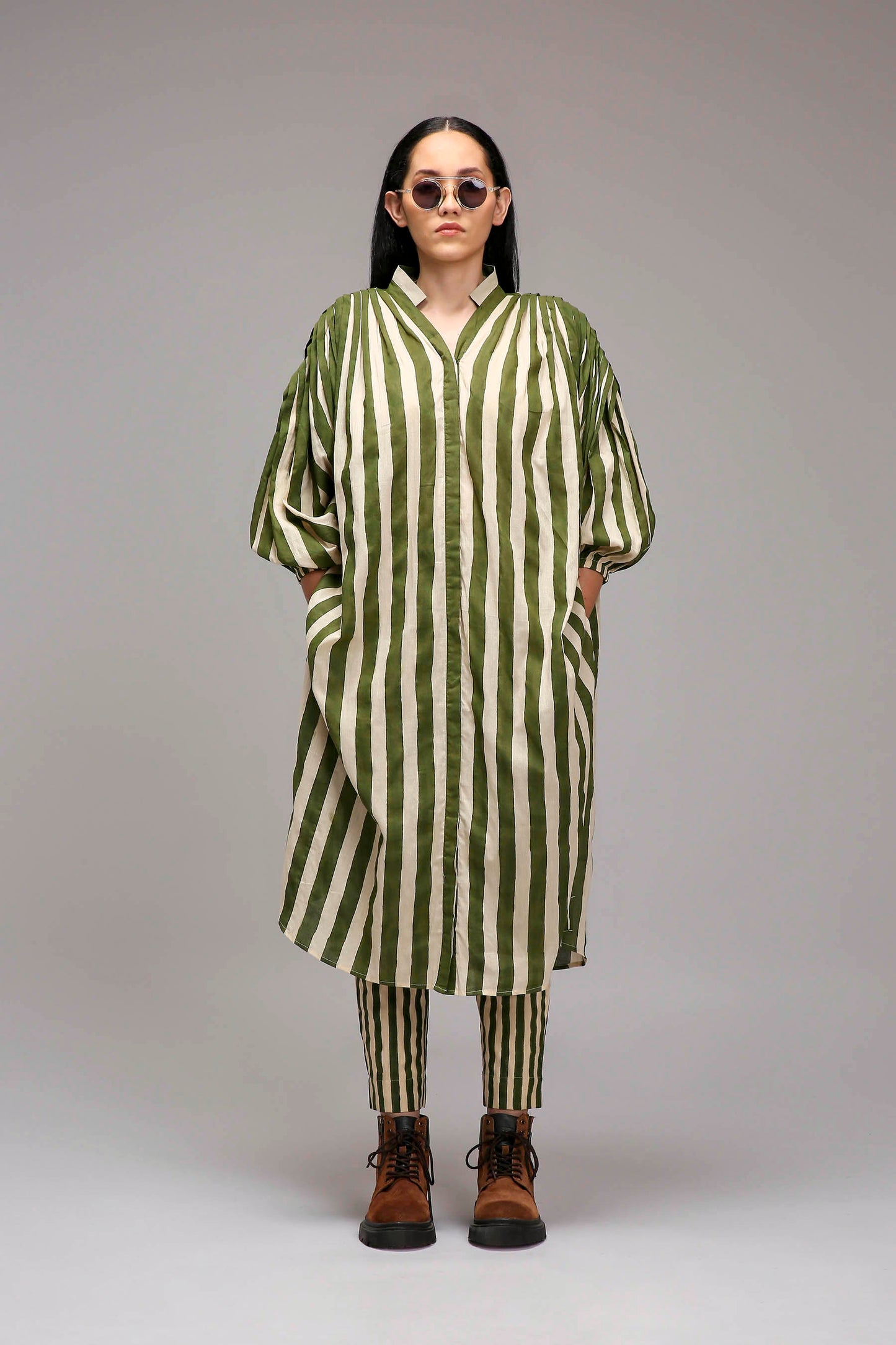 Egg-Shell Green Striped Baha Tunic Set (2 PCS)