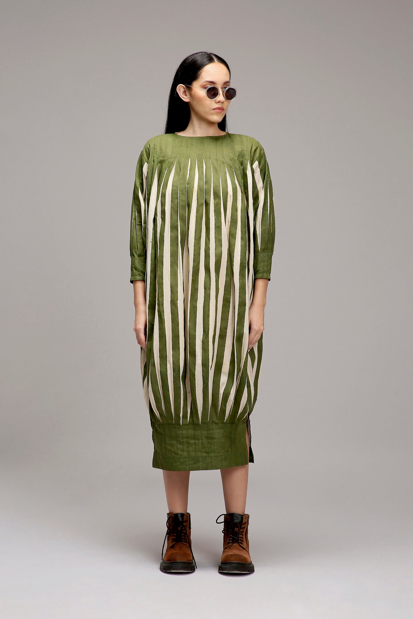 Egg-Shell Green Striped Balloon Dress